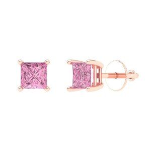 Women's Small Rose Gold 925 Sterling Silver Princess Cut Pink Cz Stud Earrings